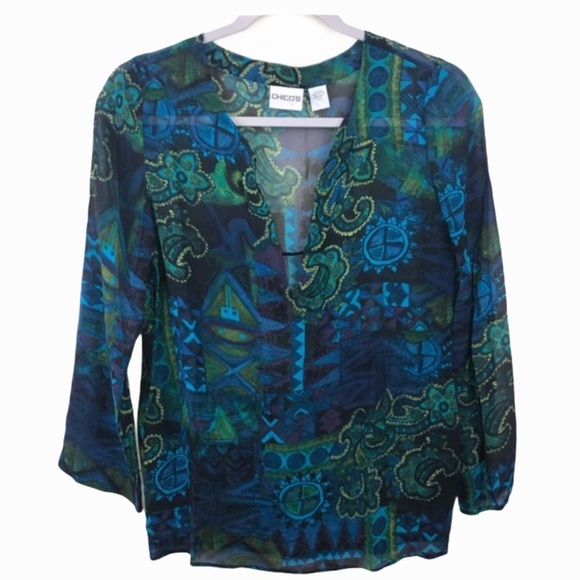 Chico's Tops - Chico’s V Neck Sheer Popover Blouse Blue Green S